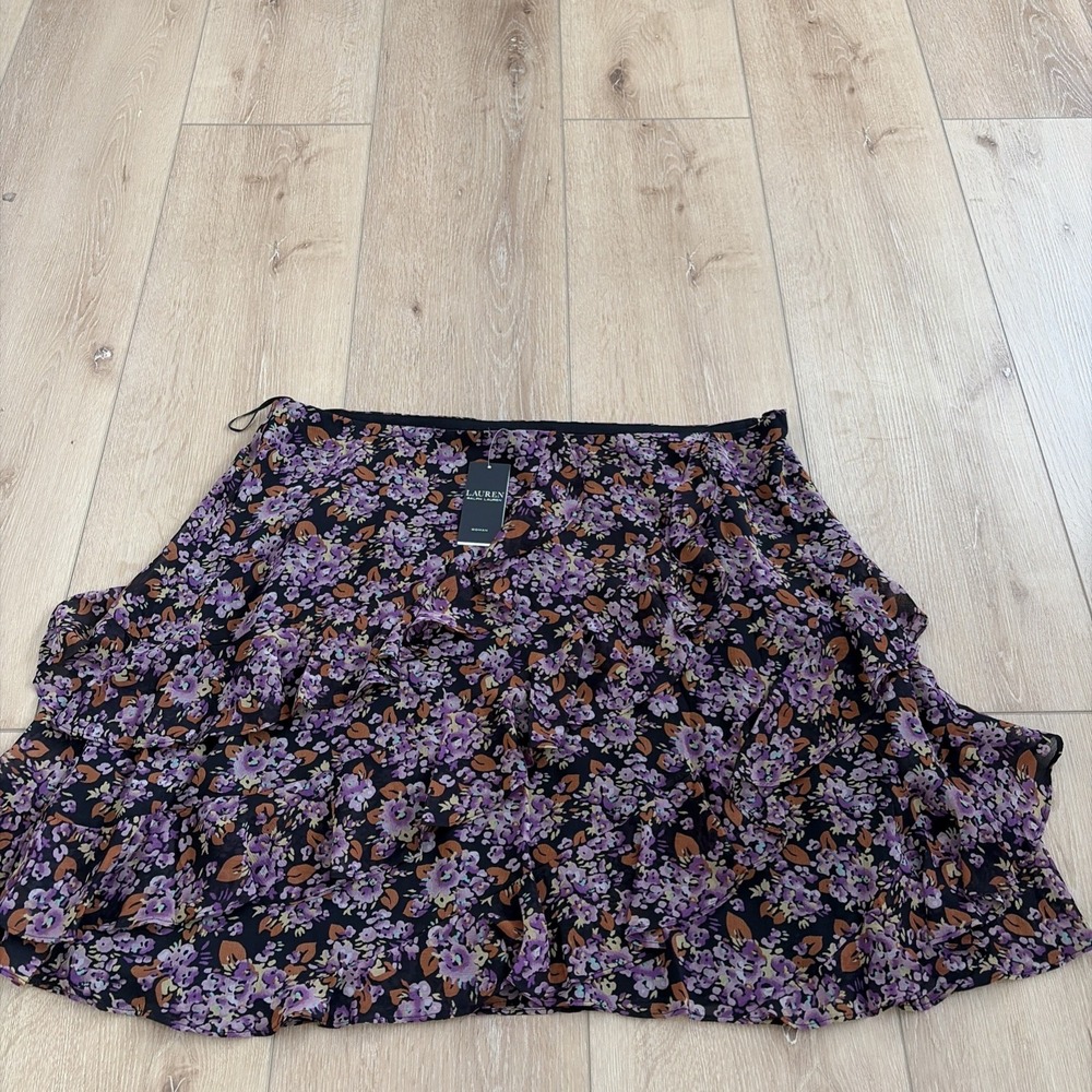 Lauren Ralph Lauren Floral Tiered Skirt Women's‎ 18W Purple Black Ruffle Career